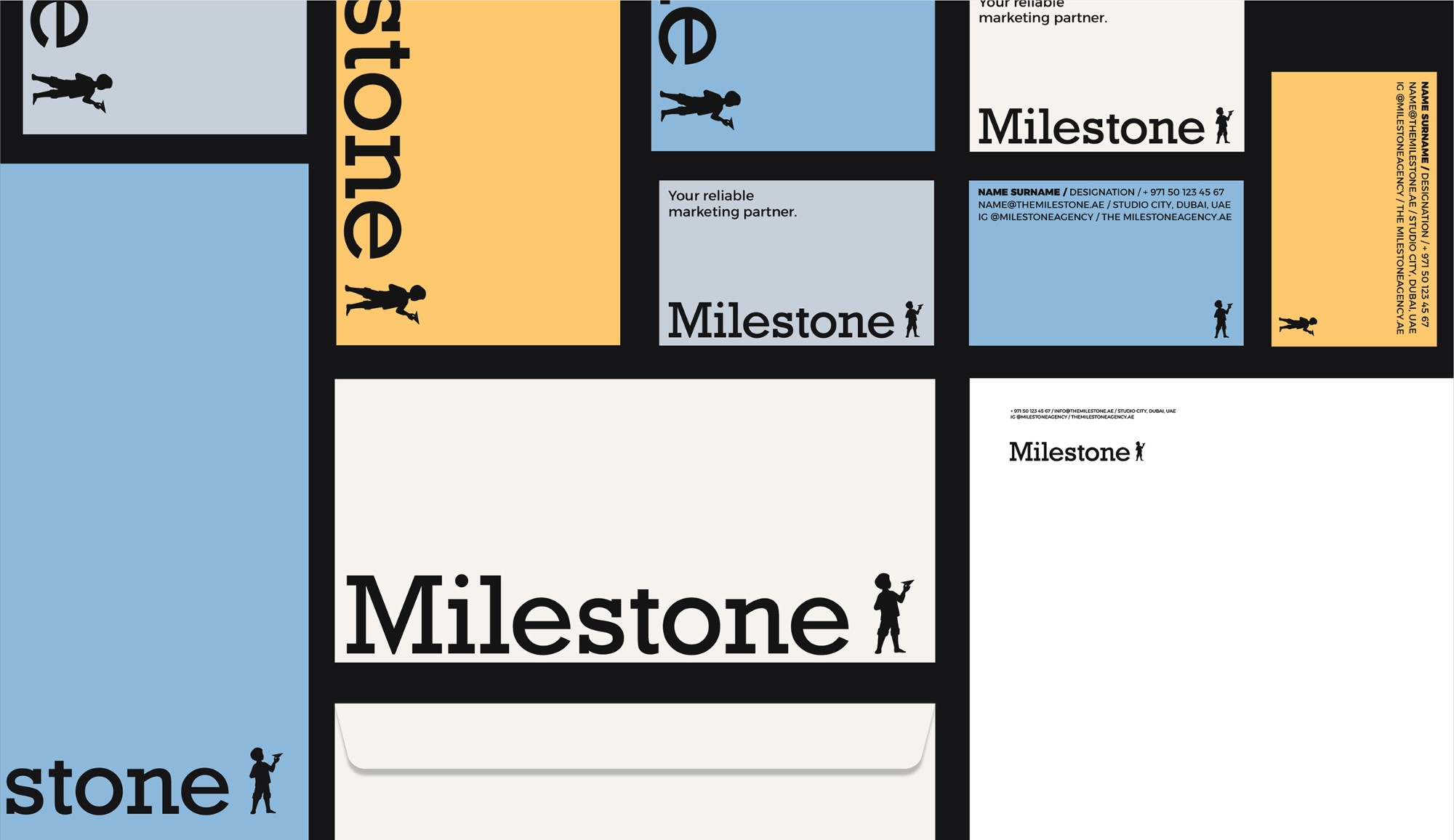 Milestone brand identity stationery and collateral flat lay